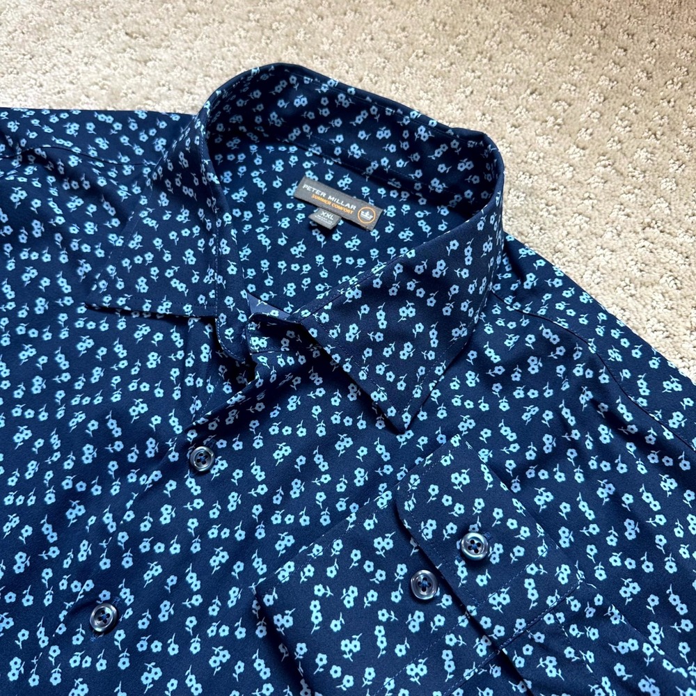 Peter Millar Shirt Men's XXL Summer Comfort Floral Navy Blue Performance Stretch